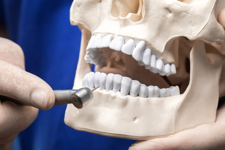 Treatment of toothache. Doctor dentist holds a plastic human skull and treats teeth.の写真素材