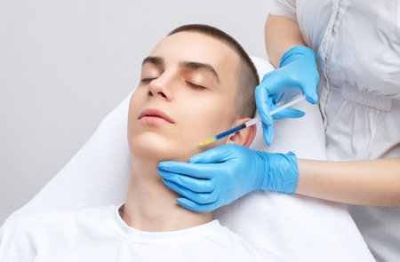 Men's cosmetology. Beautician makes a man a rejuvenation injection procedure of a handsome young man in a beauty salon.の写真素材