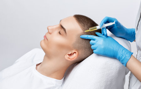 Cosmetologist does prp therapy of a handsome guy in beauty salon. Cosmetology concept.の写真素材