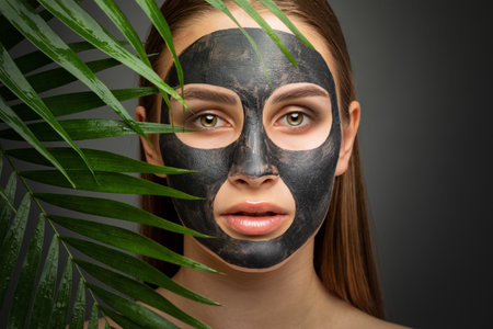 Carbon peeling procedure to beautiful girl in a beauty salon. She has a black mask on her face. hardware cosmetology treatment.の写真素材