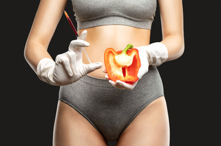 A woman holds red pepper in her hands and makes injections for rejuvenation. The concept of plastic surgery.の写真素材