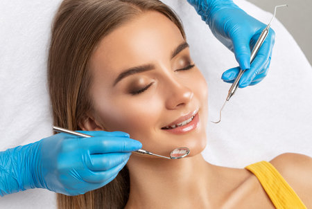 A dentist doctor treats caries on a tooth of a young beautiful woman in a dental clinic. Tooth filling.の写真素材