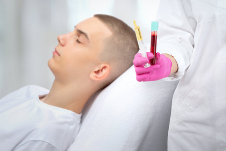 Cosmetologist does prp therapy of a handsome guy in beauty salon. The cosmetologist holds a test tube with blood and blood plasma ready for injection. Cosmetology concept.の写真素材