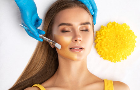 Cosmetologist applies golden face mask to beautiful woman for skin rejuvenation. Cosmetological treatment of problem skin of the face and body.の写真素材