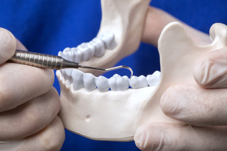 Treatment of toothache. Doctor dentist holds a plastic human skull and a mirror.の写真素材