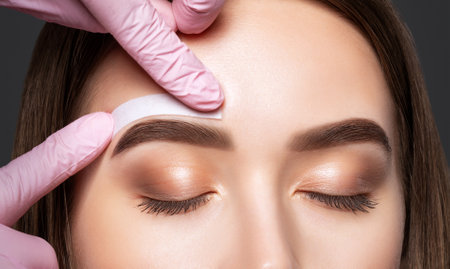 Makeup artist does facial hair removal procedure. Beautiful girl having Permanent Make-up on her Eyebrows. The make-up artist does Long-lasting styling of the eyebrowsの写真素材