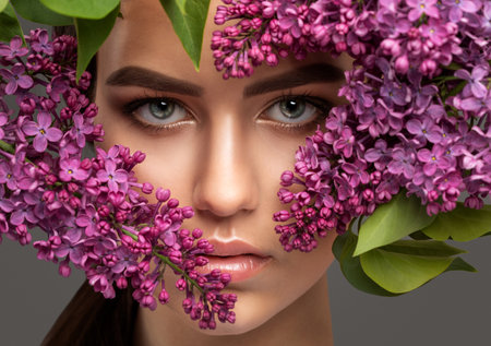 Beautiful eyes of a woman with make-up close-up. Long-lasting styling of the eyebrows. Eyebrow lamination. Professional make-up and face care.の写真素材