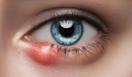 Eye of a girl with stye close-up. Acute purulent inflammation of the hair follicle of the eyelashes of a young woman. Treatment and prevention of eye diseases.の写真素材