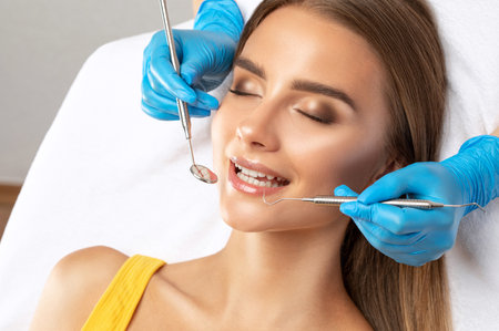 A dentist doctor treats caries on a tooth of a young beautiful woman in a dental clinic. Tooth filling.の写真素材