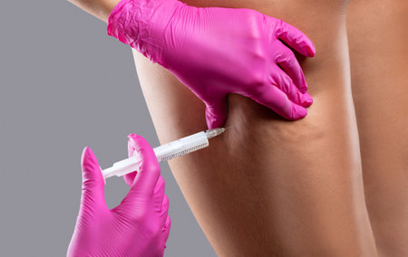 Lipolytic injections for burning fat on the thighs, legs and thighs of a woman. Women's aesthetic cosmetology in a beauty salon.の写真素材