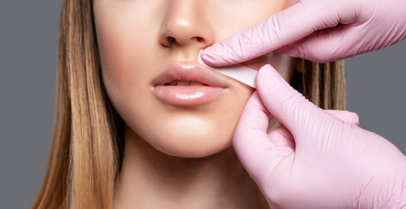 The beautician makes a mustache removal with wax in a young woman. hair removal procedure on a woman's body.の写真素材