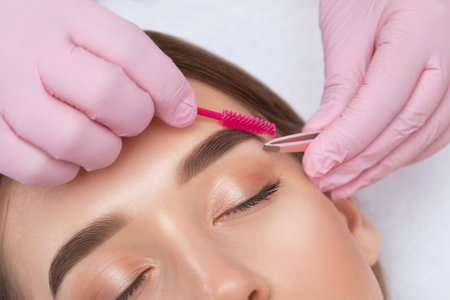 Makeup artist plucks eyebrows after dyeing in a beauty salon. Professional make-up and cosmetic skin care.の写真素材