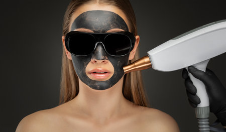 Carbon peeling procedure to beautiful girl in a beauty salon. She has a black mask on her face. hardware cosmetology treatment.の写真素材