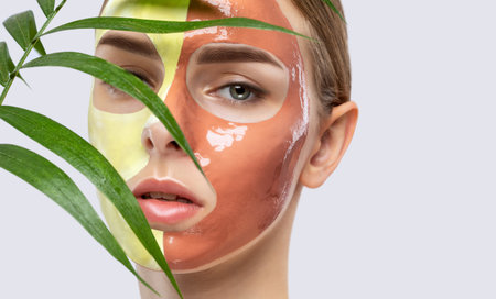 Beautician makes a face mask of a woman to rejuvenate the skin. Cosmetology treatment of problem skin on the face and body.の写真素材