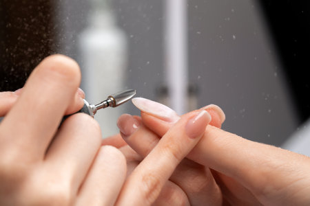 The master of the manicure saws and attaches a nail shape during the procedure of nail extensions in the beauty salon. Professional care for hands.の写真素材