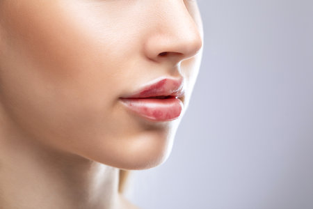 Injections for lips augmentation anti wrinkle injections on the face of a beautiful woman. Female aesthetic cosmetology in a beauty salon. Hematomas after lip contouring.の写真素材