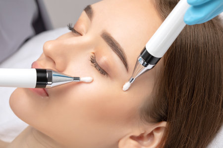 A doctor cosmetologist makes a microcurrent facial therapy to a young woman with a device in a beauty wellness salon.Cosmetology and professional skin care.の写真素材