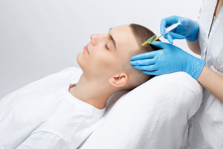 Cosmetologist does prp therapy of a handsome guy in beauty salon. Cosmetology concept.の写真素材
