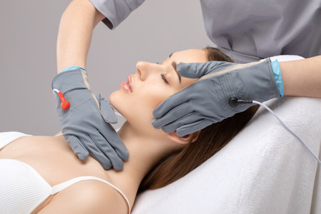 A cosmetologist doctor makes a microcurrent massage procedure on the face and neck of a young beautiful girl in a beauty salon.の写真素材