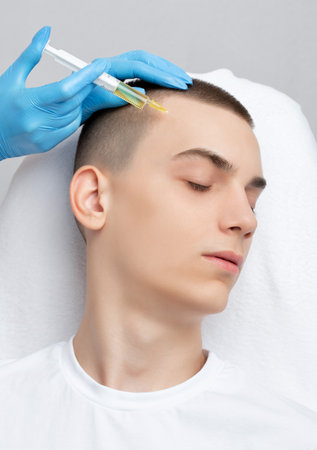 Cosmetologist does prp therapy of a handsome guy in beauty salon. Cosmetology concept.の写真素材