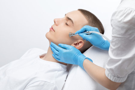 A cosmetologist is making the procedure Microdermabrasion of the facial skin in a beauty salon. Cosmetology for men and professional skincare.の写真素材