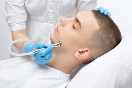 A cosmetologist is making the procedure Microdermabrasion of the facial skin in a beauty salon. Cosmetology for men and professional skincare.の写真素材