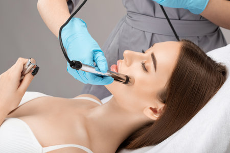 A doctor cosmetologist makes a microcurrent facial therapy to a young woman with a device in a beauty wellness salon.Cosmetology and professional skin care.の写真素材