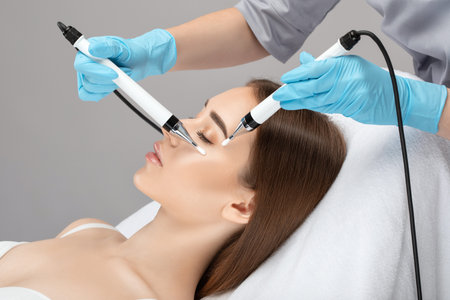 A doctor cosmetologist makes a microcurrent facial therapy to a young woman with a device in a beauty wellness salon.Cosmetology and professional skin care.の写真素材