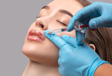 Cosmetologist does injections for lips augmentation anti wrinkle injections on the face of a beautiful woman. Female aesthetic cosmetology in a beauty salon.の写真素材