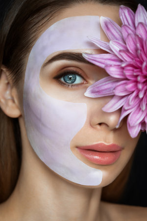 Beautician makes a face mask of a woman to rejuvenate the skin. Cosmetology treatment of problem skin on the face and body.の写真素材