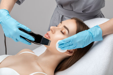 The doctor-cosmetologist makes the ultrasound cleaning procedure of the facial skin of a beautiful, young woman in a beauty salon. Cosmetology and professional skin care.の写真素材