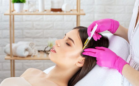 Cosmetologist makes rejuvenating anti wrinkle injections on the face of a beautiful woman. Female aesthetic cosmetology in a beauty salon.の写真素材