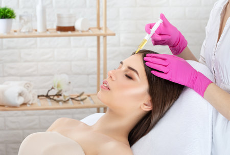 Cosmetologist does injections therapy against hair loss and anti-dandruff of a beautiful woman in a beauty salon. Cosmetology concept.の写真素材