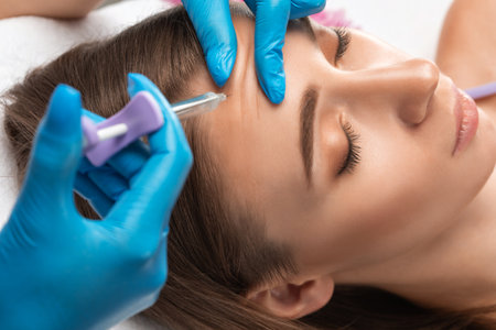 Cosmetologist does injections for lips augmentation and anti wrinkle in the nasolabial folds of a beautiful woman. Women's cosmetology in the beauty salon.の写真素材