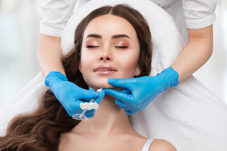 Cosmetologist does injections for lips augmentation and anti wrinkle in the nasolabial folds of a beautiful woman. Women's cosmetology in the beauty salon.の写真素材