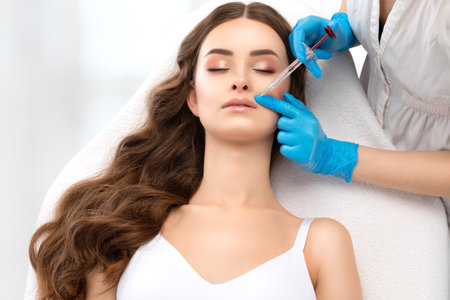 Cosmetologist does injections for lips augmentation and anti wrinkle in the nasolabial folds of a beautiful woman. Women's cosmetology in the beauty salon.の写真素材