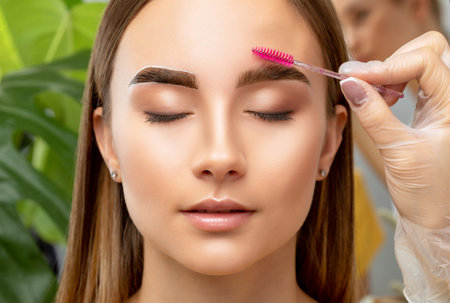 The make-up artist does Long-lasting styling of the eyebrows and will color the eyebrows. Eyebrow lamination. Professional make-up and face care.の写真素材