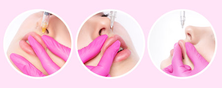 Cosmetologist makes rejuvenating anti wrinkle injections on the face of a beautiful woman in a yellow blouse. Female aesthetic cosmetology in a beauty salon.の写真素材