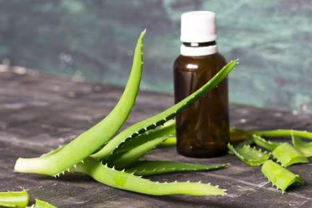 Aloe Vera plant and gel in a glass bottle for cosmetic useの写真素材