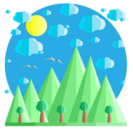 Natural summer landscape in flat style. Mountains and trees in background of clouds and sun. Example for card, banner, badge. Environmental themesのイラスト素材