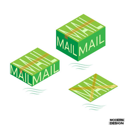 Packaging mail order boxes sealed tape. Large, medium and small green mail packaging. Vector illustrationのイラスト素材