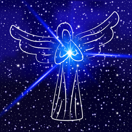 Angel on blue space background. Angel with shining sun, star in hands as symbol of peace and good. For design of covers, printing on fabric or paperのイラスト素材
