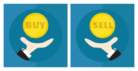 Hand of businessman, man throws coin. The situation is choice. The decision to buy or sell. Icon. Vector illustrationのイラスト素材