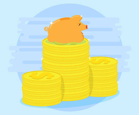 Happy pig piggy bank lying on a pile of coins. The love of money. Successful investments and cash flows make profit and wealth. Protection of savings. Flat styleのイラスト素材
