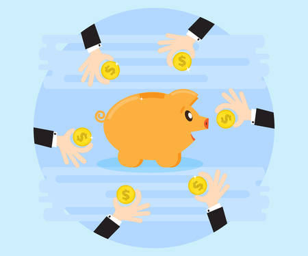 Hands business together saving money on the piggybank. Creating a cash flow. Investing for wealth and profit. The love of money. Flat styleのイラスト素材