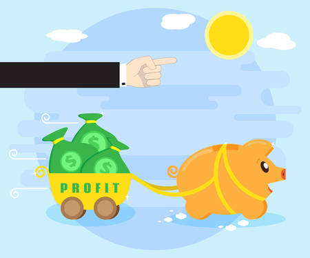 Management and control of the resulting profits. Businessman hand shows the way, the direction of motion of a happy pig piggybank, which carries a profit. Flat styleのイラスト素材