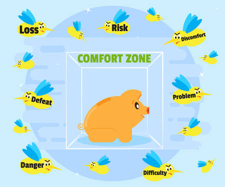 Pig piggybank is in a comfort zone. Abroad comfort zone are different problems, risks, difficulties and danger. Flat style, cartoonのイラスト素材