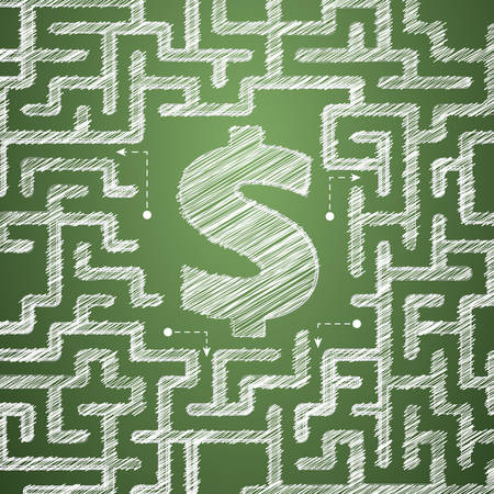 Dollar in maze. Drawing with chalk on the blackboard. Business conceptのイラスト素材