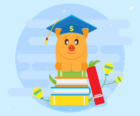 Pig piggy bank in graduate cap sitting on the books. Education, training, self-study, reading books. Knowledge enrich ideas. Investment in education. Cartoon, flat styleのイラスト素材