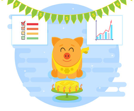 Happy pig piggy bank sits in front coins in a festive atmosphere. Are summed up, the plan is executed, the profit obtained. Reward for good investments. Cartoon, flat styleのイラスト素材
